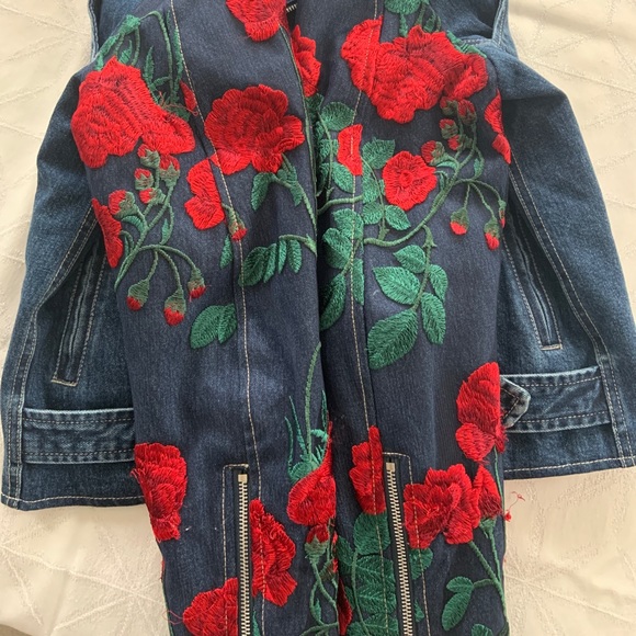 Rose Embroidered Denim Moto Jacket - Picture 5 of 9